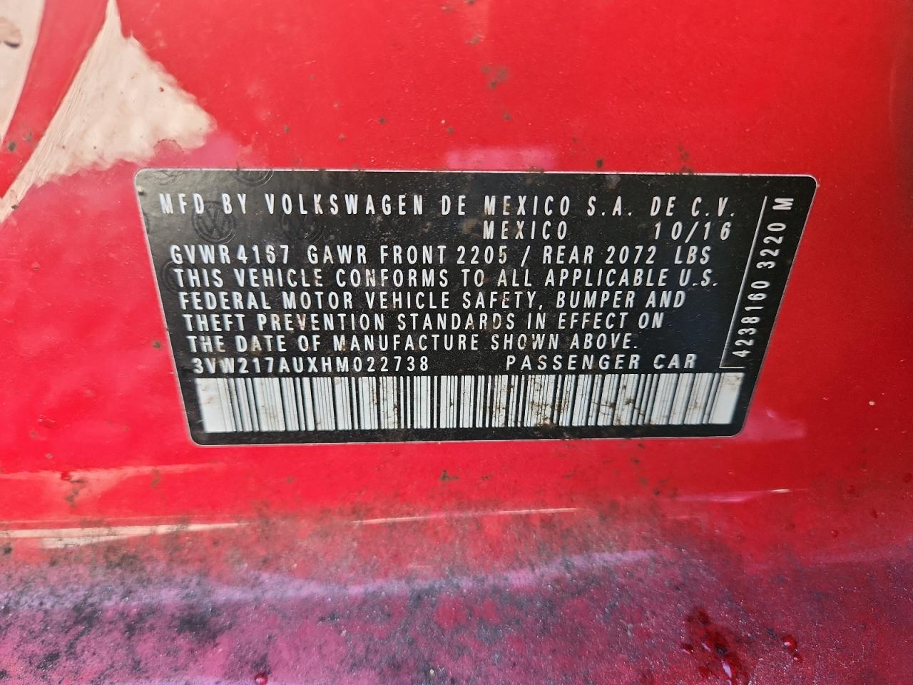 2017 Volkswagen Golf S VIN: 3VW217AUXHM022738 Lot: 92461905