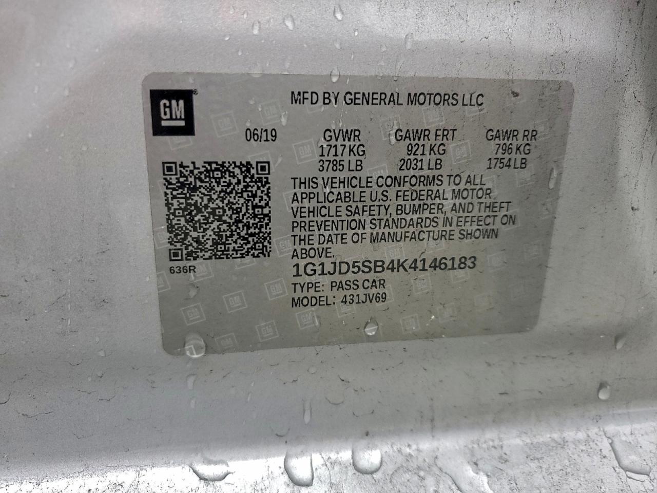 2019 Chevrolet Sonic Lt VIN: 1G1JD5SB4K4146183 Lot: 94073775