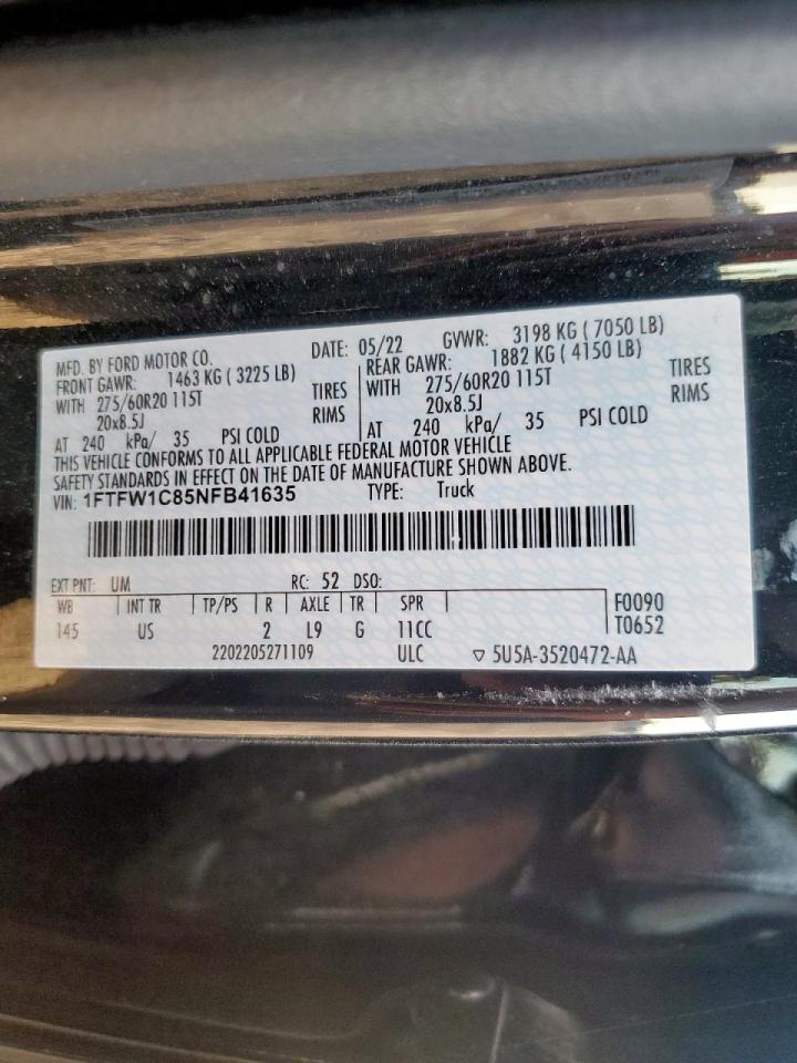 2022 Ford F150 Supercrew VIN: 1FTFW1C85NFB41635 Lot: 90860005