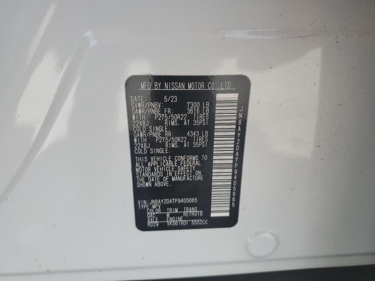 2023 Nissan Armada Platinum VIN: JN8AY2DA7P9405665 Lot: 92465975