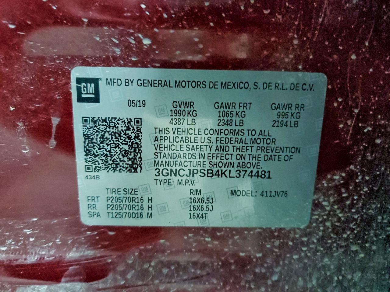 2019 Chevrolet Trax 1Lt VIN: 3GNCJPSB4KL374481 Lot: 94547965