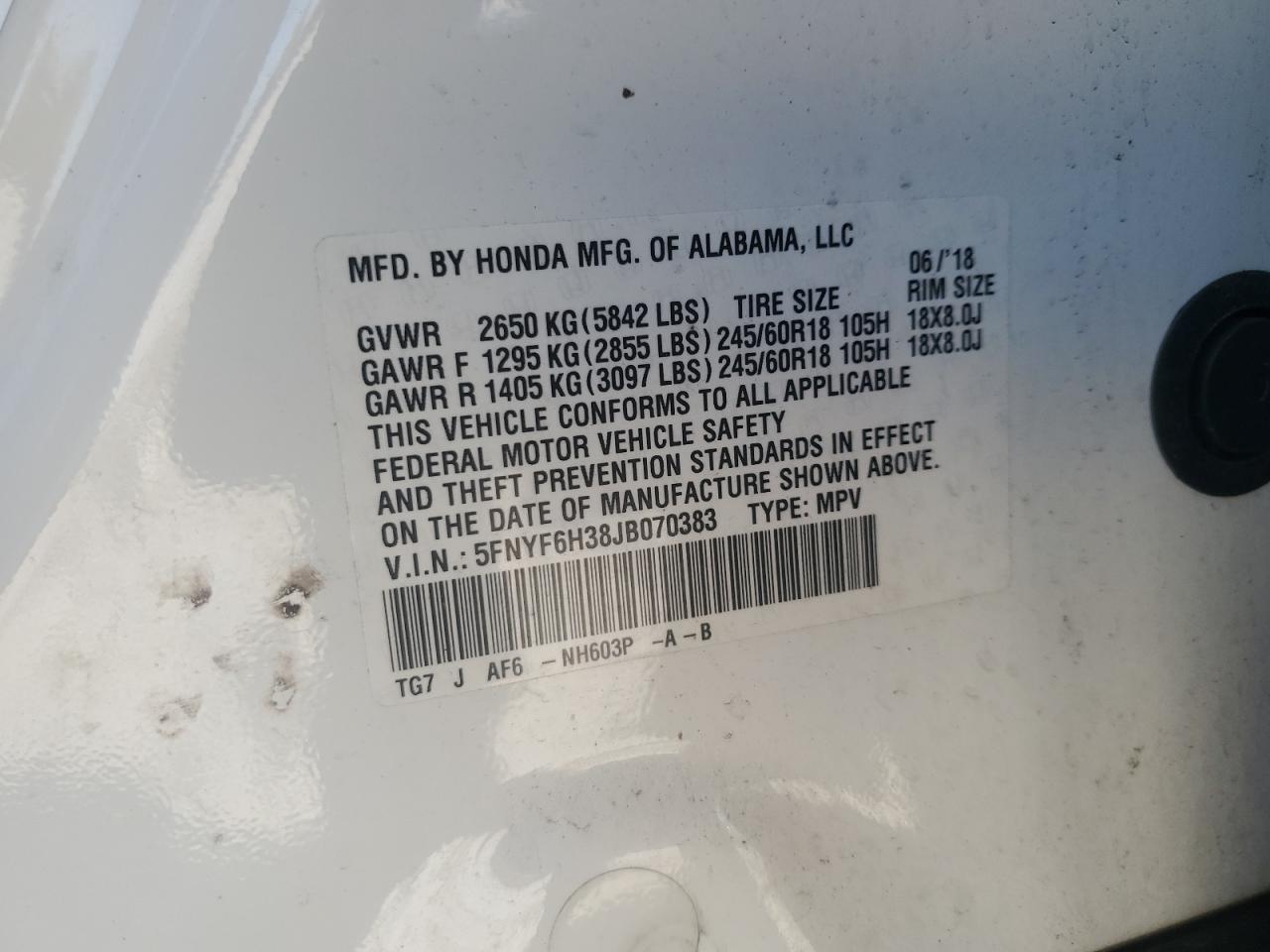 2018 Honda Pilot Ex VIN: 5FNYF6H38JB070383 Lot: 90918635