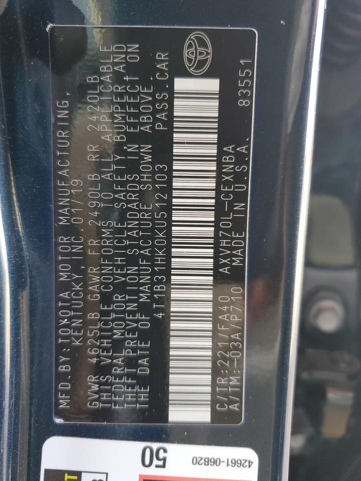 2019 Toyota Camry Le VIN: 4T1B31HK0KU512103 Lot: 93139465