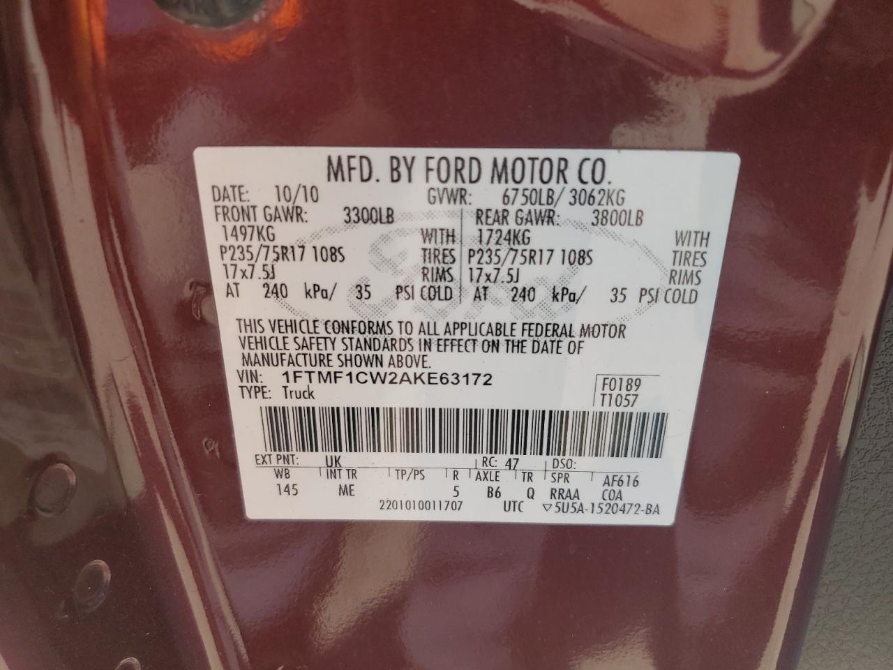 2010 Ford F150 VIN: 1FTMF1CW2AKE63172 Lot: 90362445