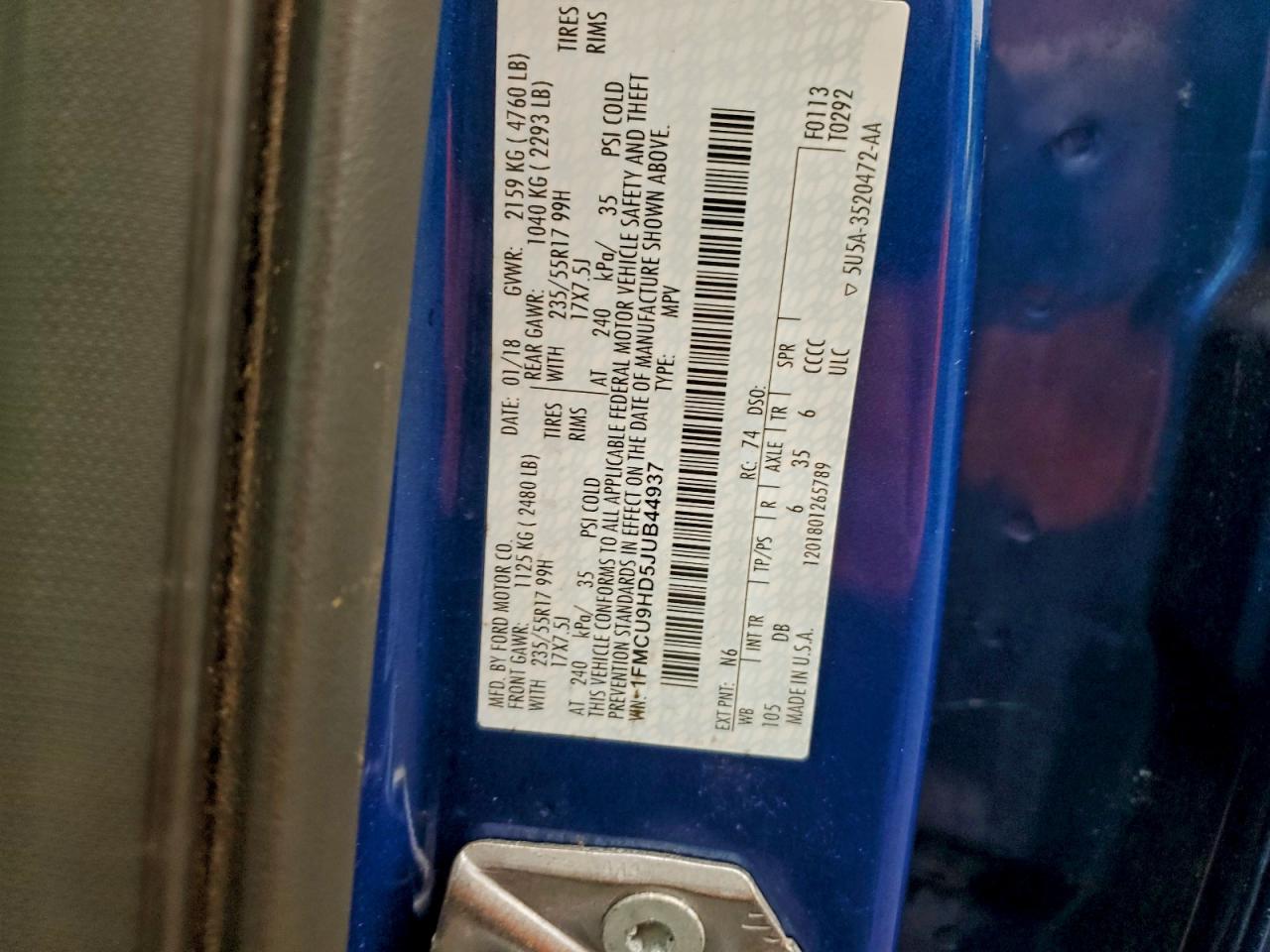 2018 Ford Escape Sel VIN: 1FMCU9HD5JUB44937 Lot: 93965235