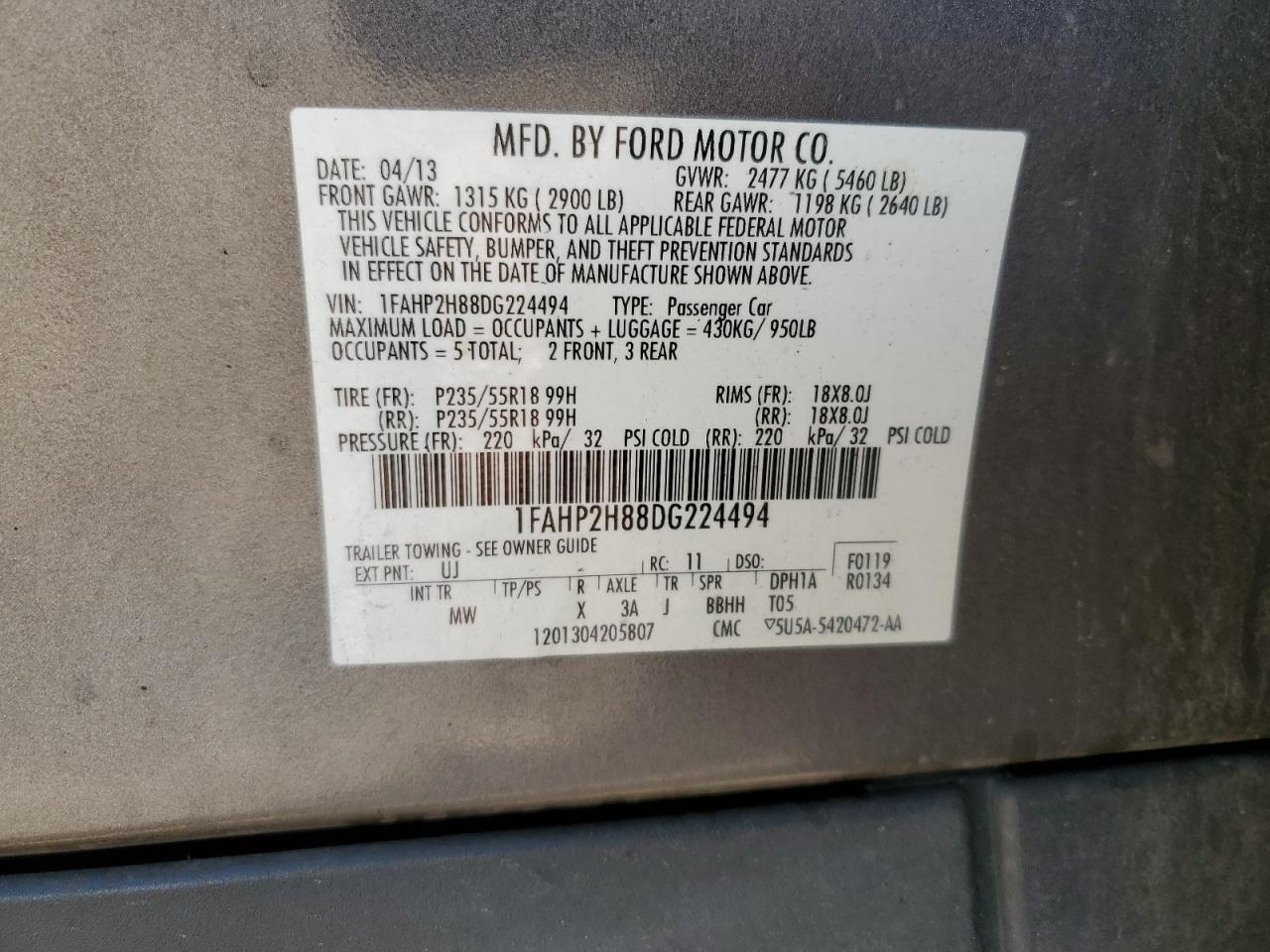 2013 Ford Taurus Sel VIN: 1FAHP2H88DG224494 Lot: 91724595