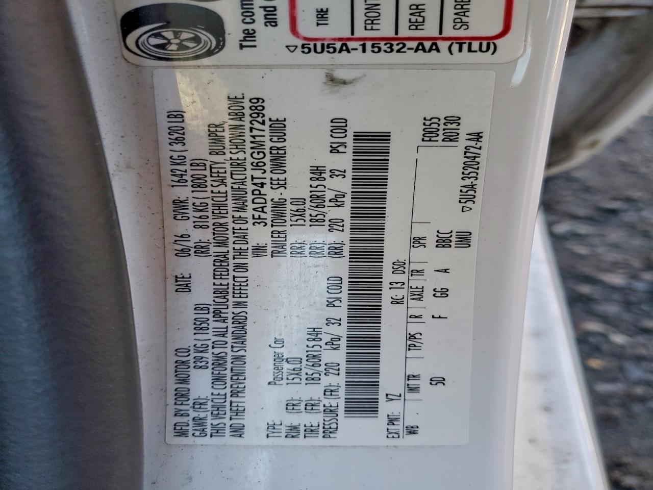 2016 Ford Fiesta S VIN: 3FADP4TJ6GM172989 Lot: 93689665