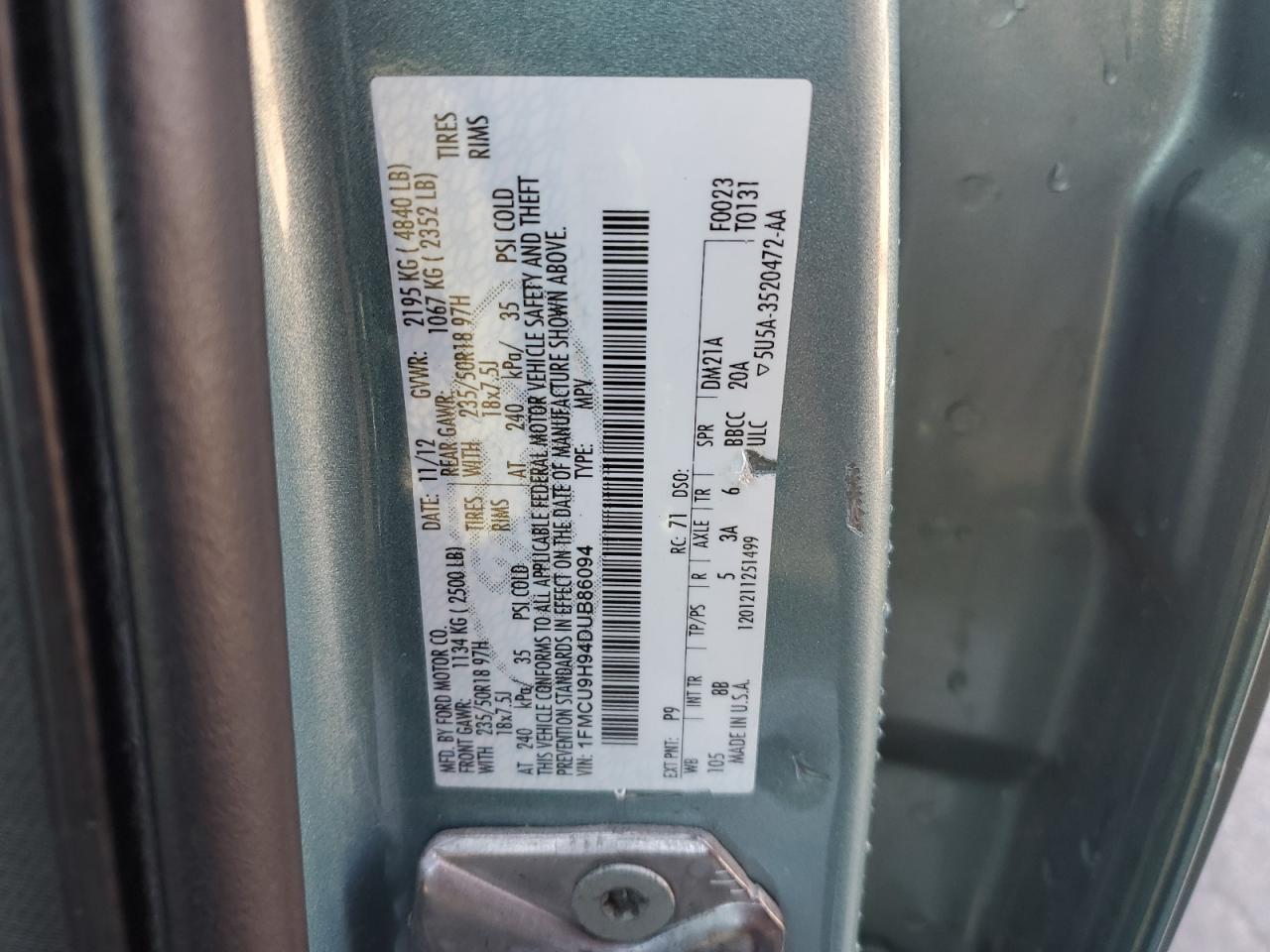 2013 Ford Escape Sel VIN: 1FMCU9H94DUB86094 Lot: 91462645