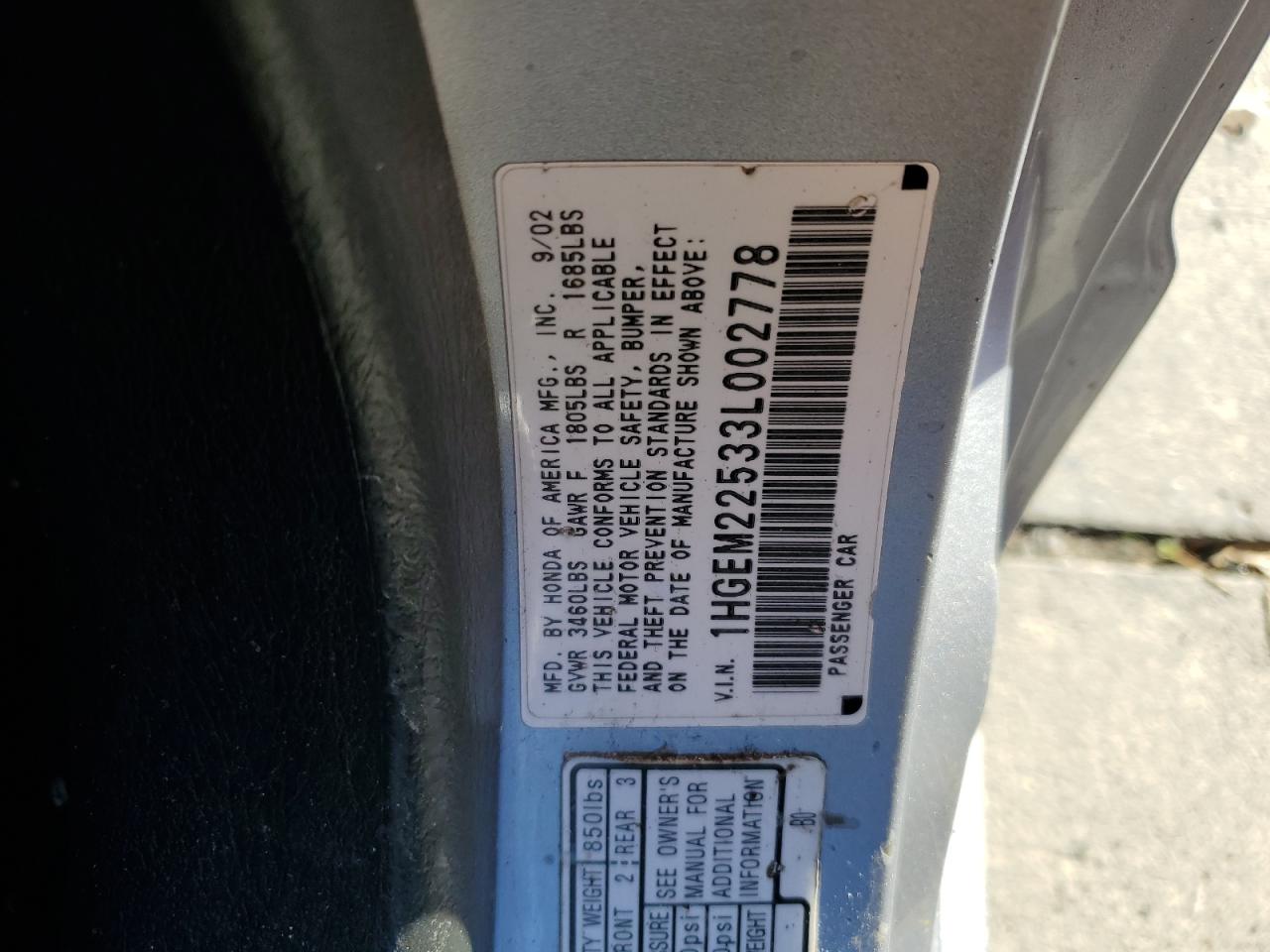 2003 Honda Civic Lx VIN: 1HGEM22533L002778 Lot: 91705625