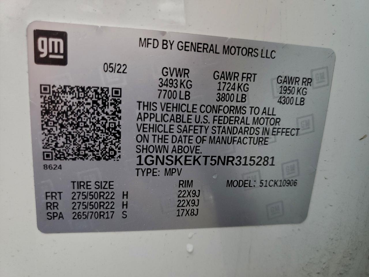 2022 Chevrolet Suburban K1500 Rst VIN: 1GNSKEKT5NR315281 Lot: 92808485