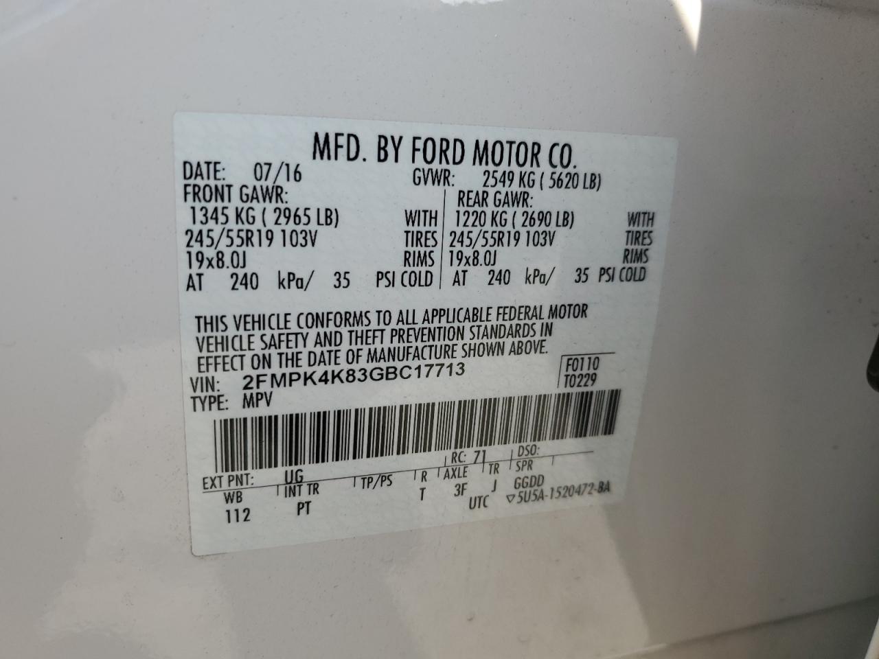 2016 Ford Edge Titanium VIN: 2FMPK4K83GBC17713 Lot: 91480185