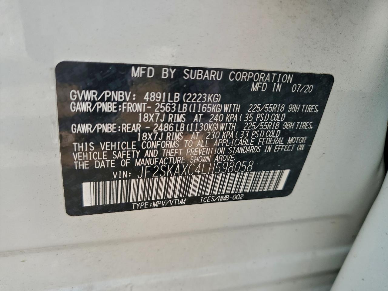 2020 Subaru Forester Touring VIN: JF2SKAXC4LH598058 Lot: 93732245