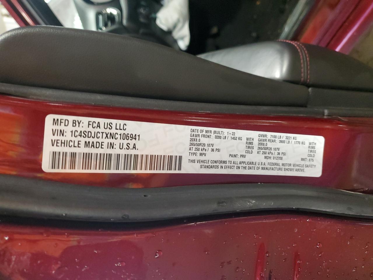 2022 Dodge Durango R/T VIN: 1C4SDJCTXNC106941 Lot: 91653975