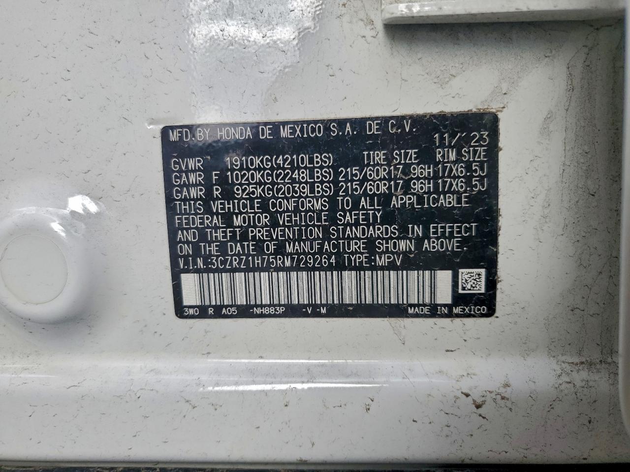 2024 Honda Hr-V Exl VIN: 3CZRZ1H75RM729264 Lot: 93482635