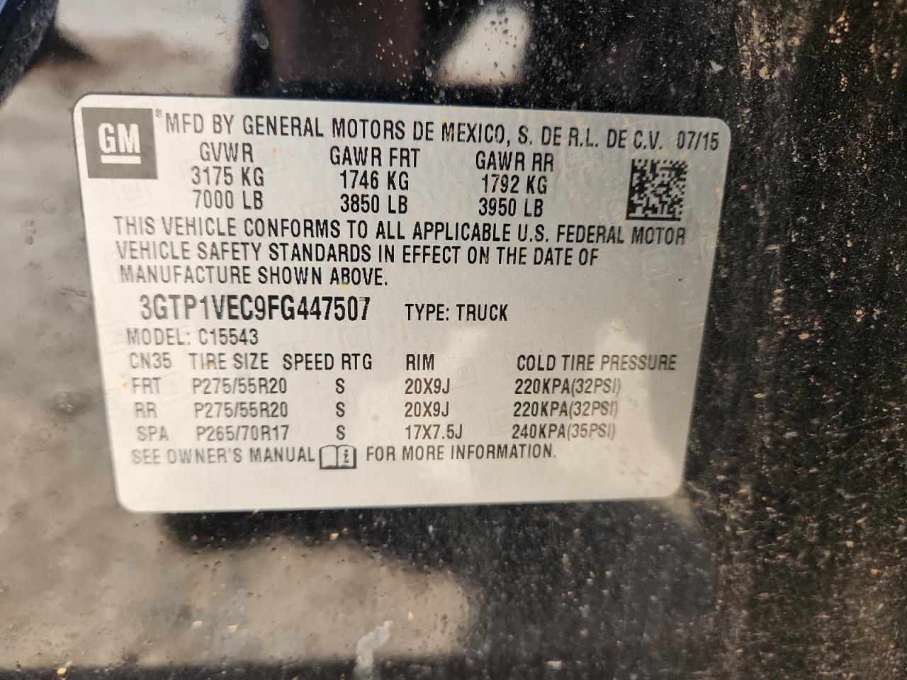 2015 GMC Sierra C1500 Slt VIN: 3GTP1VEC9FG447507 Lot: 92505145