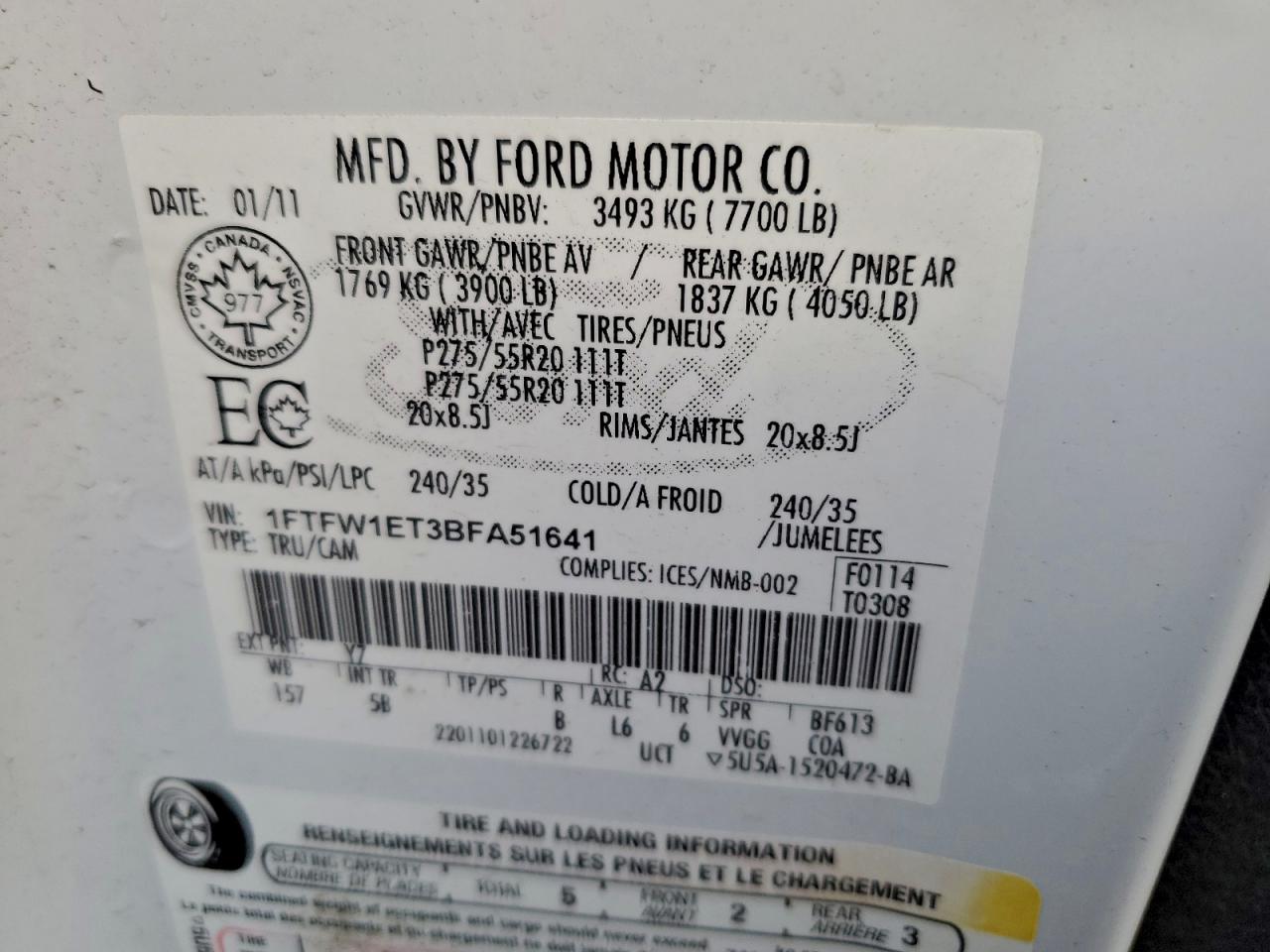 2011 Ford F150 Supercrew VIN: 1FTFW1ET3BFA51641 Lot: 93874215