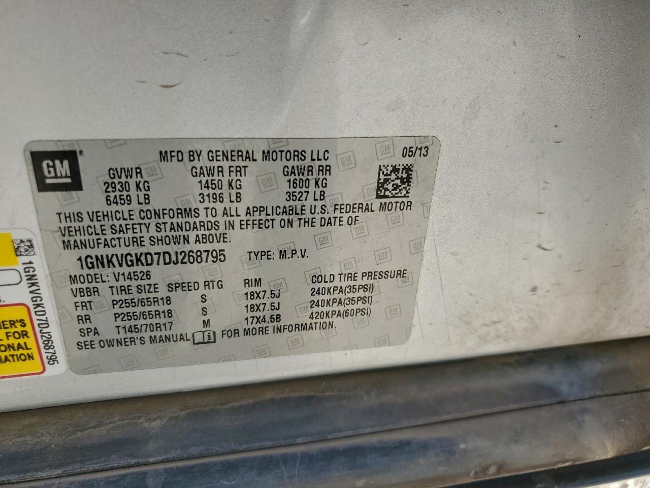 2013 Chevrolet Traverse Lt VIN: 1GNKVGKD7DJ268795 Lot: 93877935