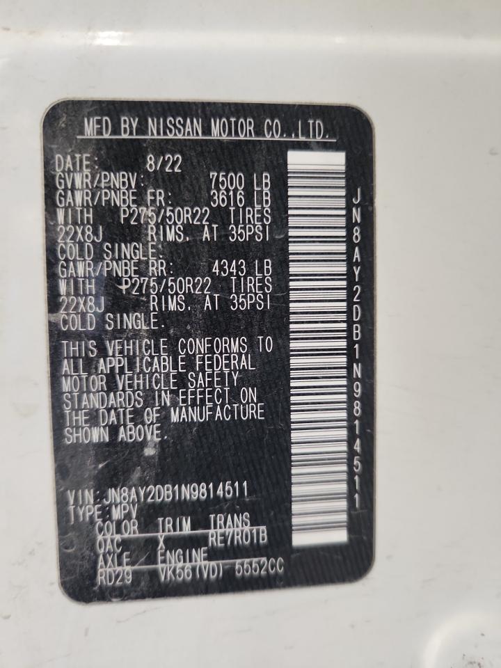 2022 Nissan Armada Platinum VIN: JN8AY2DB1N9814511 Lot: 92385125