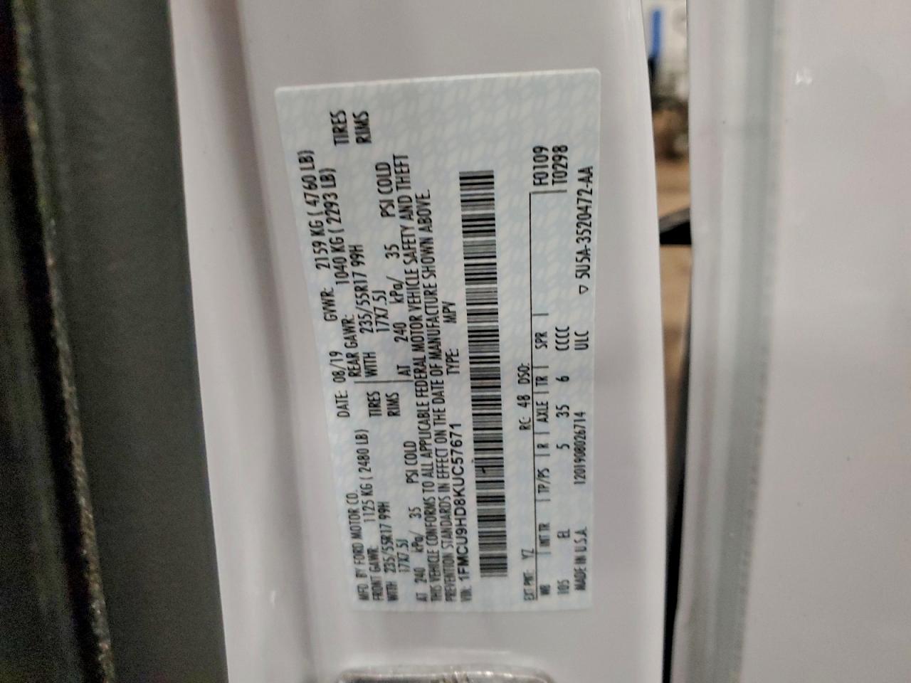 2019 Ford Escape Sel VIN: 1FMCU9HD8KUC57671 Lot: 93181205