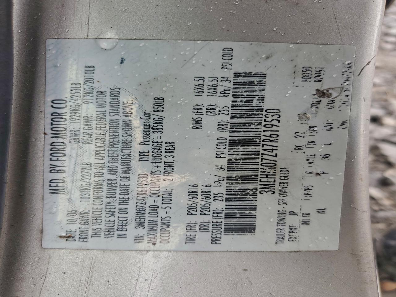 2007 Mercury Milan VIN: 3MEHM07Z47R619530 Lot: 93763585