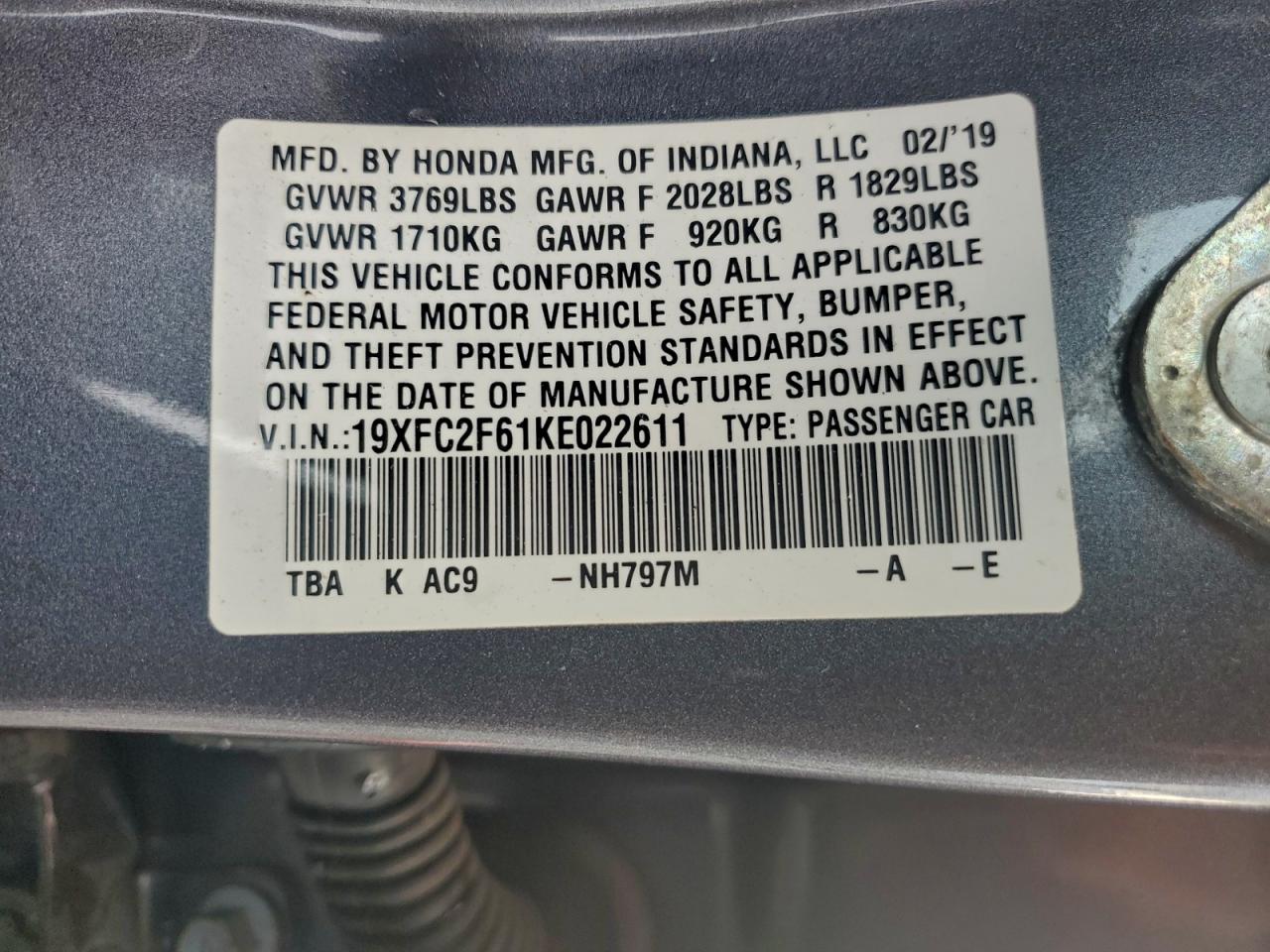 2019 Honda Civic Lx VIN: 19XFC2F61KE022611 Lot: 94714595