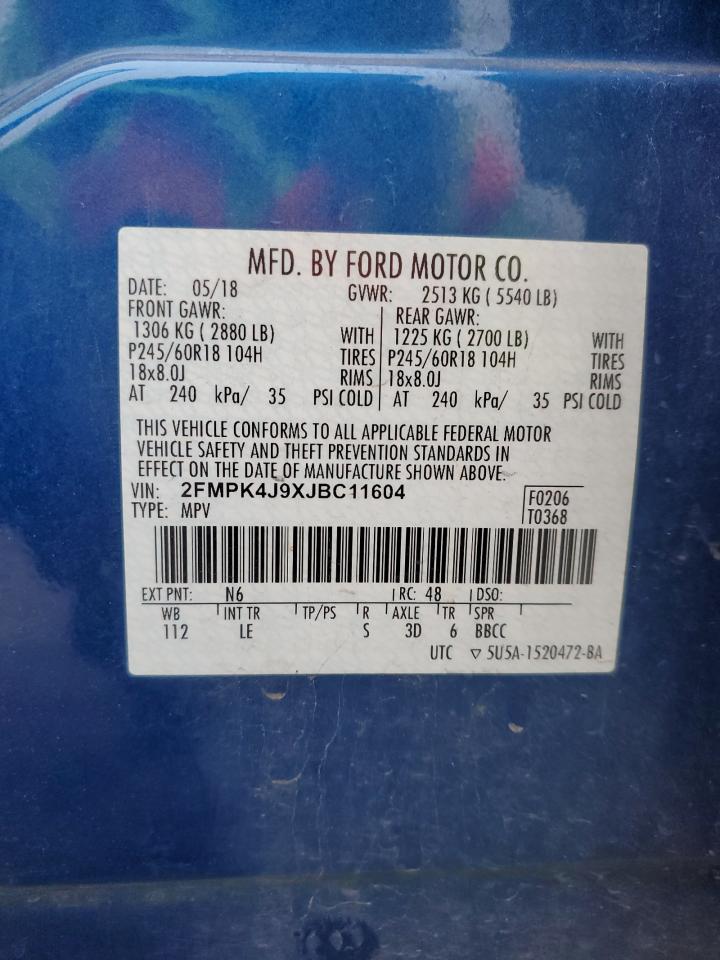 2018 Ford Edge Sel VIN: 2FMPK4J9XJBC11604 Lot: 92634675