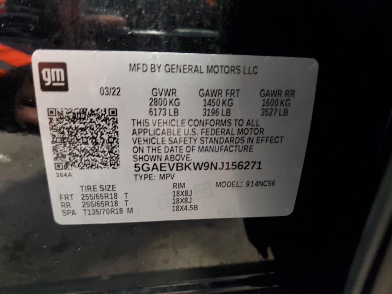 2022 Buick Enclave Premium VIN: 5GAEVBKW9NJ156271 Lot: 93077415