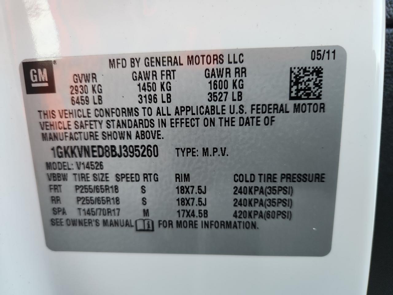 2011 GMC Acadia Sle VIN: 1GKKVNED8BJ395260 Lot: 93027735