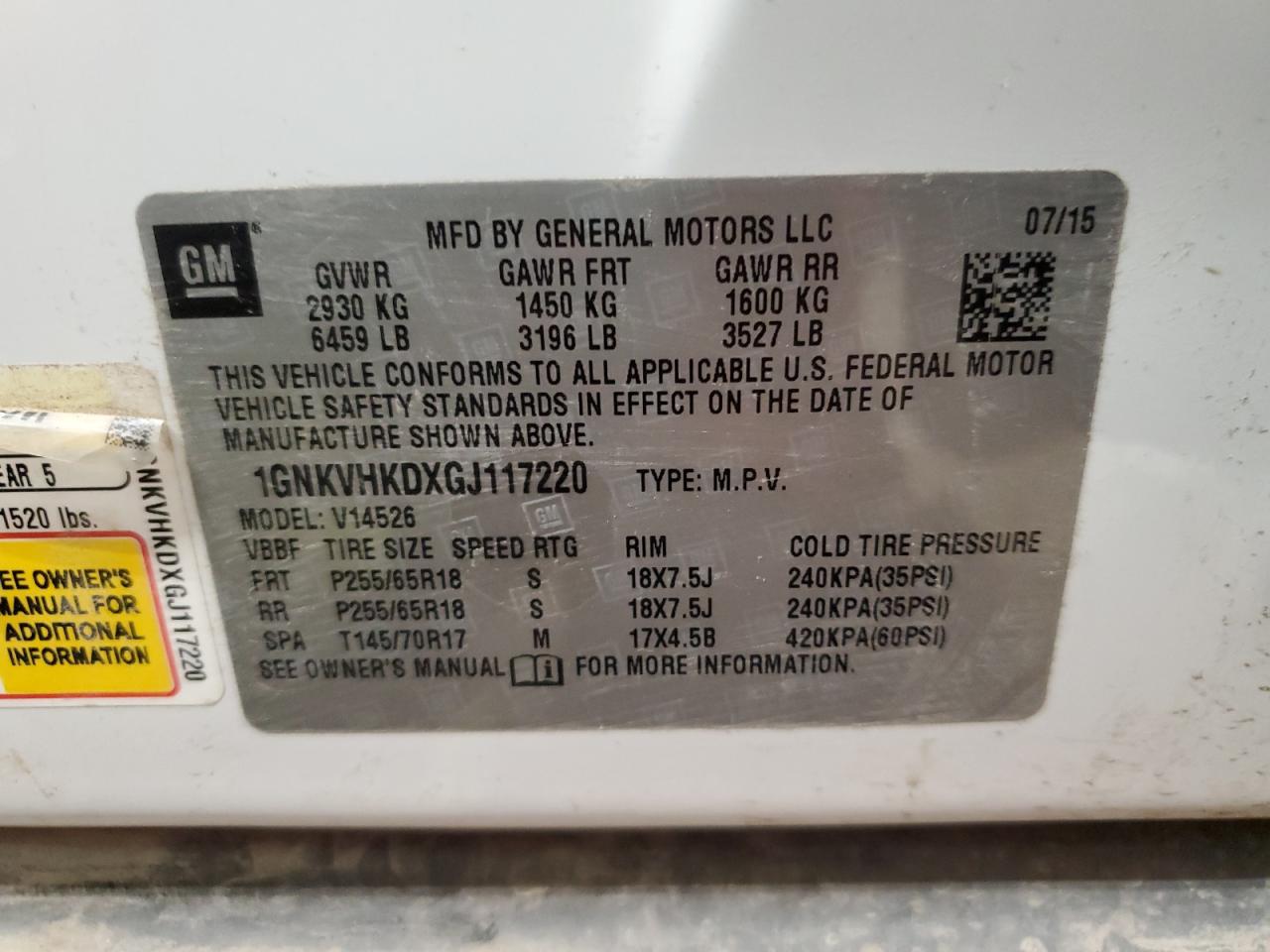 2016 Chevrolet Traverse Lt VIN: 1GNKVHKDXGJ117220 Lot: 91042305