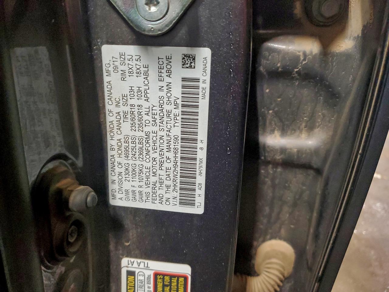 2017 Honda Cr-V Touring VIN: 2HKRW2H94HH681590 Lot: 94311195