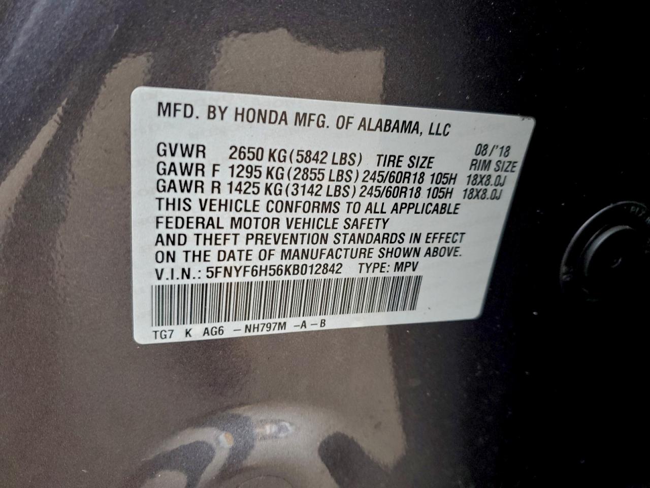 2019 Honda Pilot Exl VIN: 5FNYF6H56KB012842 Lot: 93967975