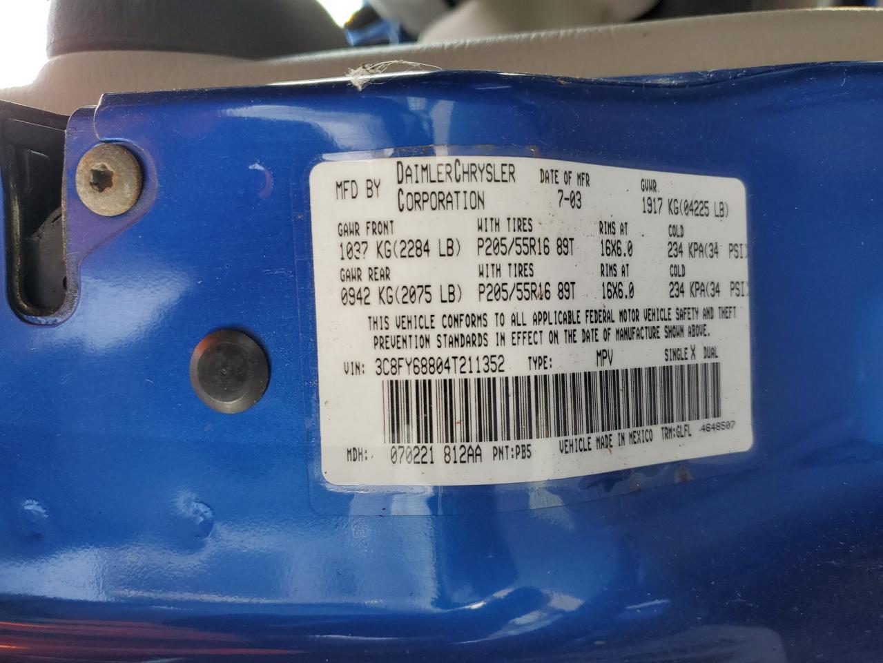 2004 Chrysler Pt Cruiser Limited VIN: 3C8FY68804T211352 Lot: 92101755