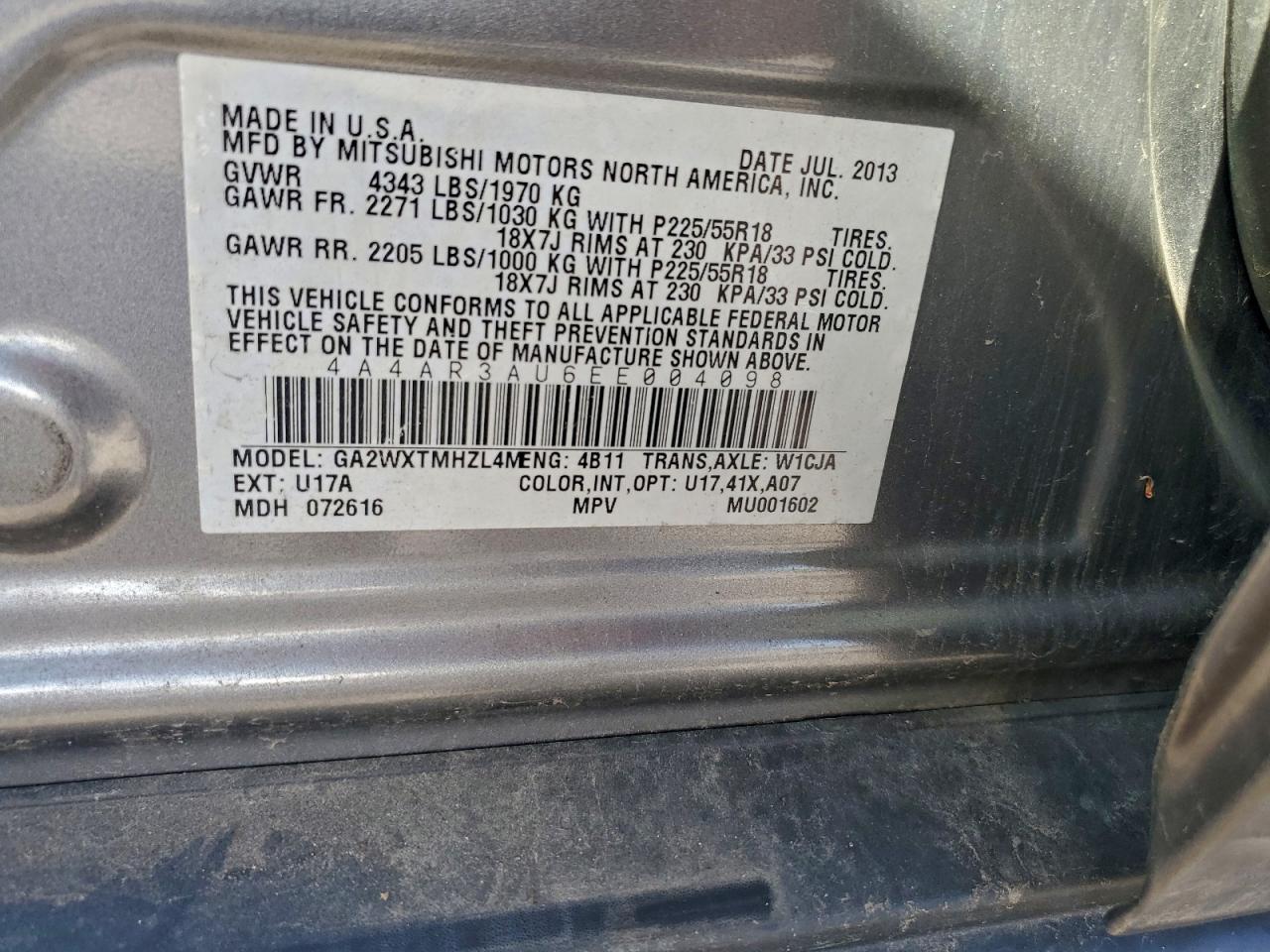 2014 Mitsubishi Outlander Sport Es VIN: 4A4AR3AU6EE004098 Lot: 93951485