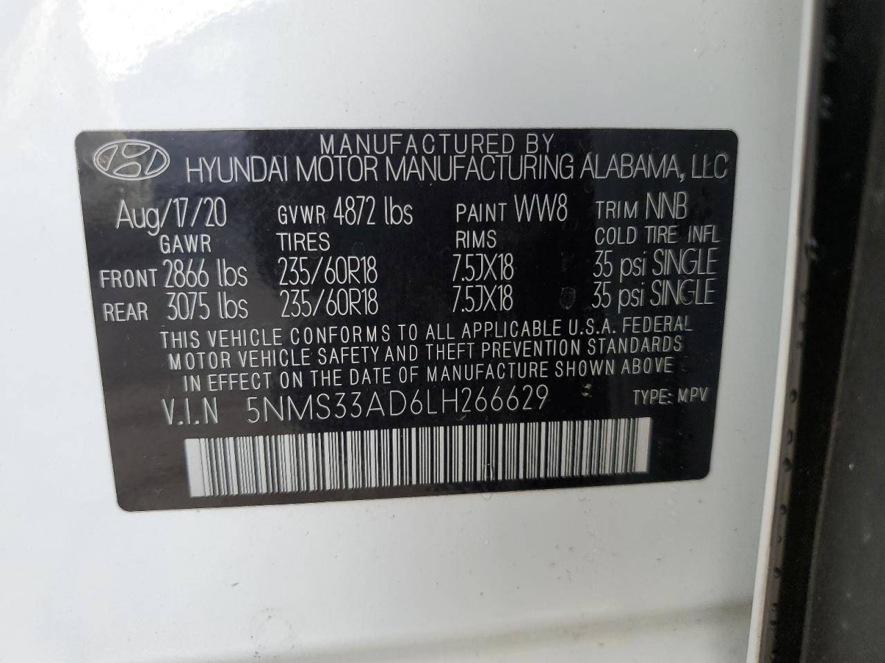 2020 Hyundai Santa Fe Sel VIN: 5NMS33AD6LH266629 Lot: 92938315