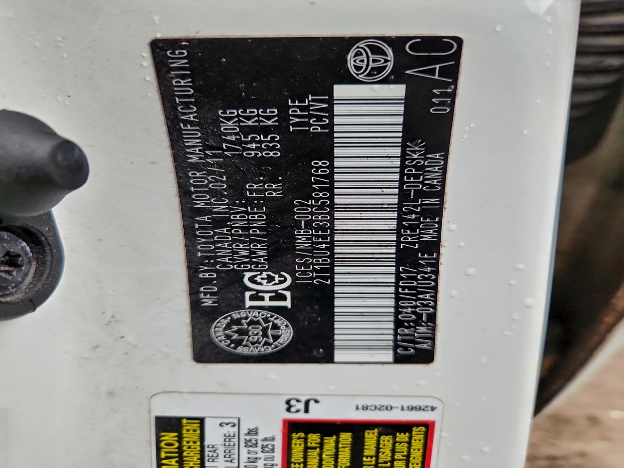 2011 Toyota Corolla Base VIN: 2T1BU4EE3BC581768 Lot: 94117995