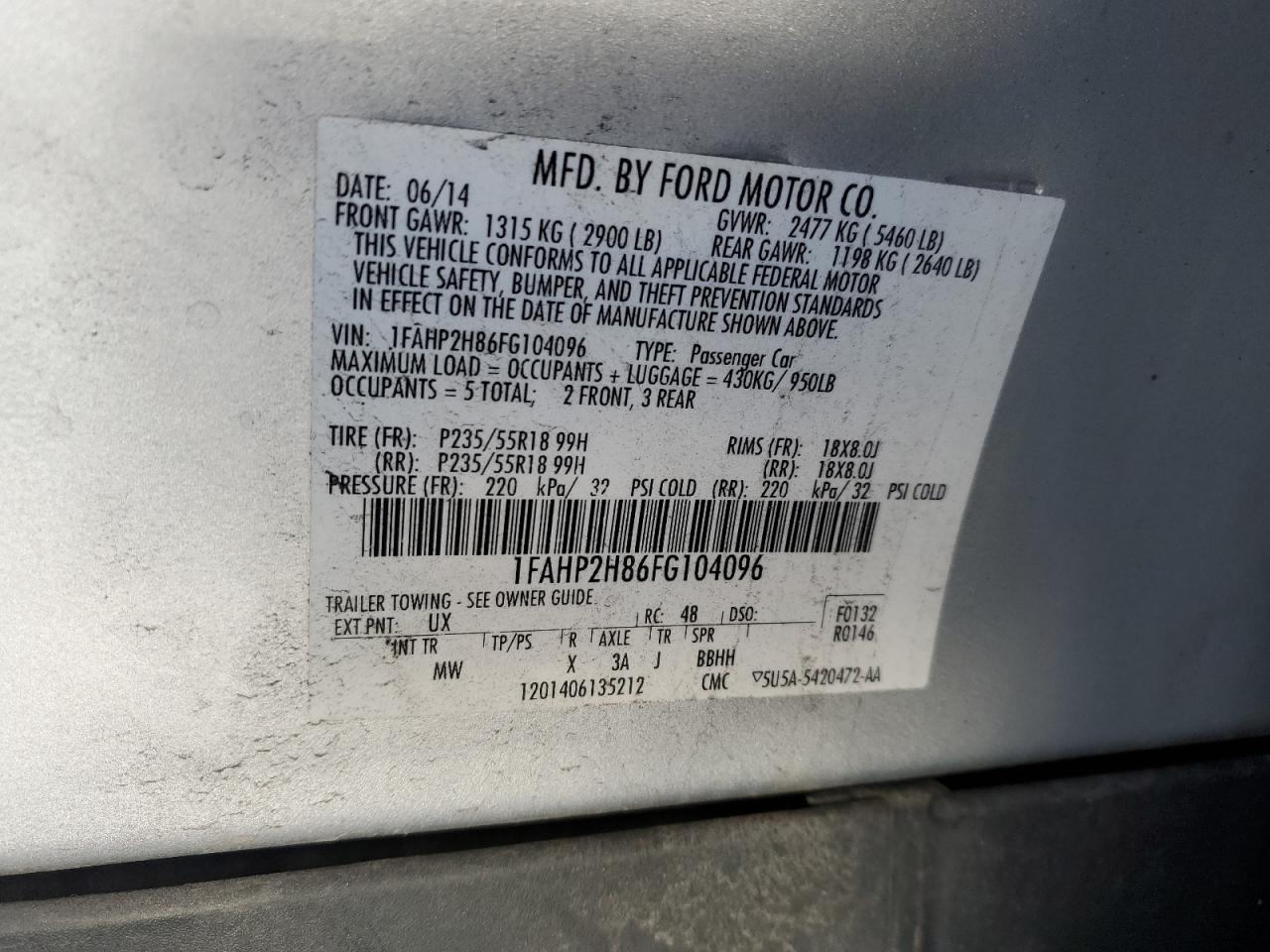 2015 Ford Taurus Sel VIN: 1FAHP2H86FG104096 Lot: 90419575