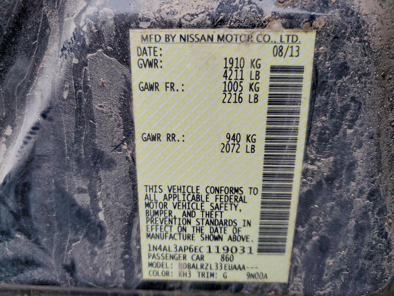 2014 Nissan Altima 2.5 VIN: 1N4AL3AP6EC119031 Lot: 94083205