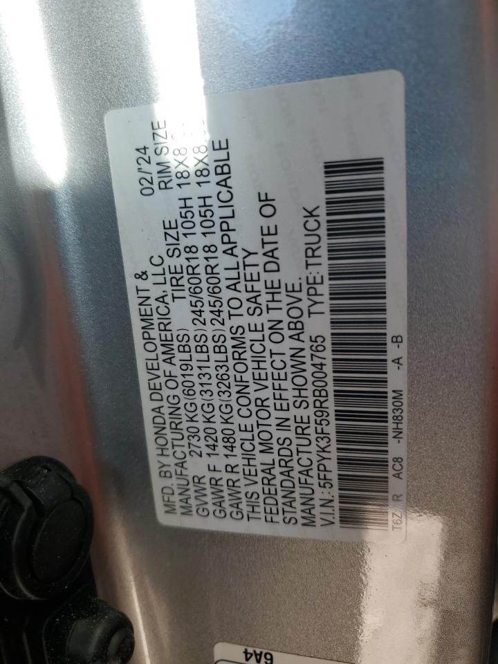 2024 Honda Ridgeline Rtl VIN: 5FPYK3F59RB004765 Lot: 93441895