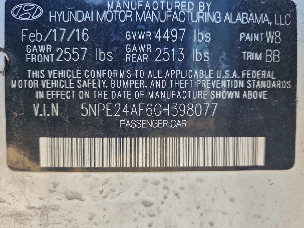 2016 Hyundai Sonata Se VIN: 5NPE24AF6GH398077 Lot: 94724525