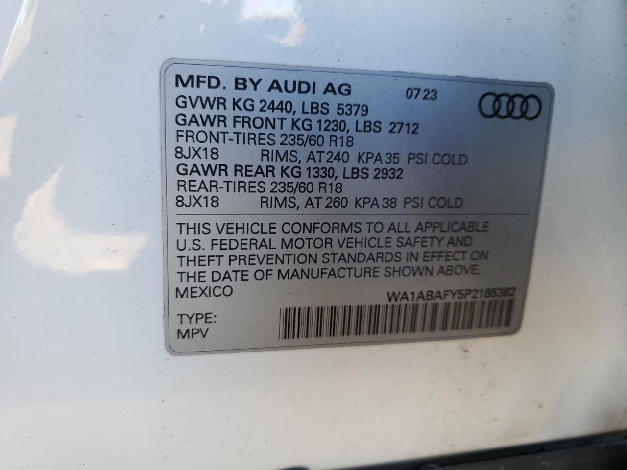 2023 Audi Q5 Premium 40 VIN: WA1ABAFY5P2185382 Lot: 93009565