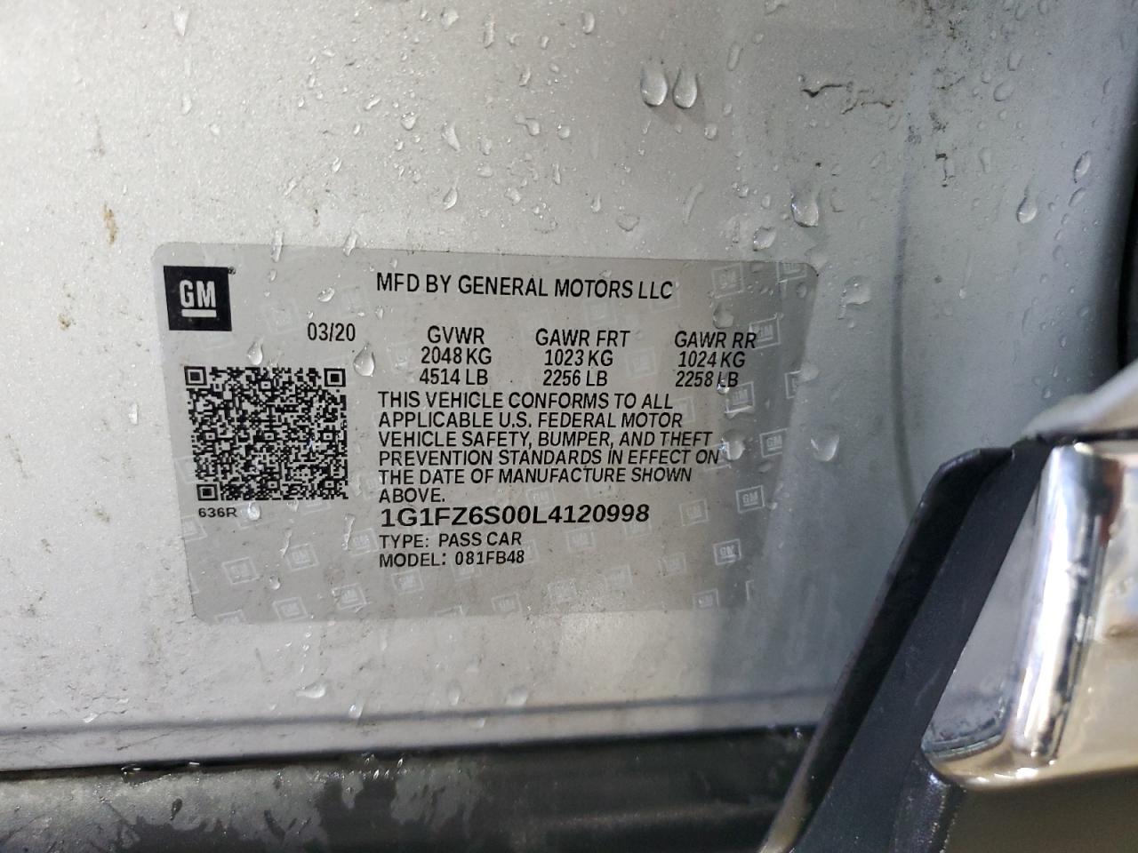 2020 Chevrolet Bolt Ev Premier VIN: 1G1FZ6S00L4120998 Lot: 91895265