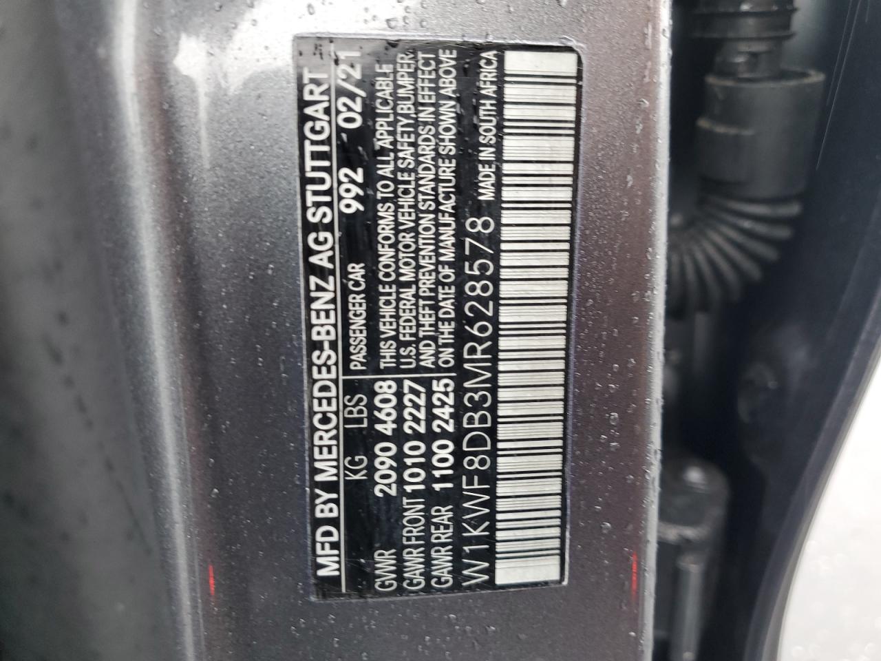 2021 Mercedes-Benz C 300 VIN: W1KWF8DB3MR628578 Lot: 91295835