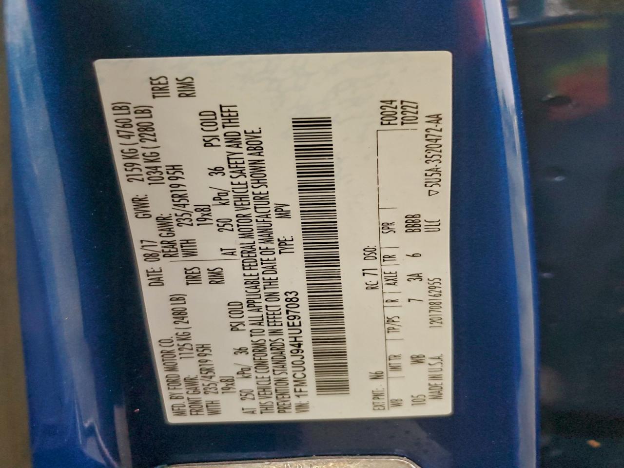 2017 Ford Escape Titanium VIN: 1FMCU0J94HUE97083 Lot: 94064845