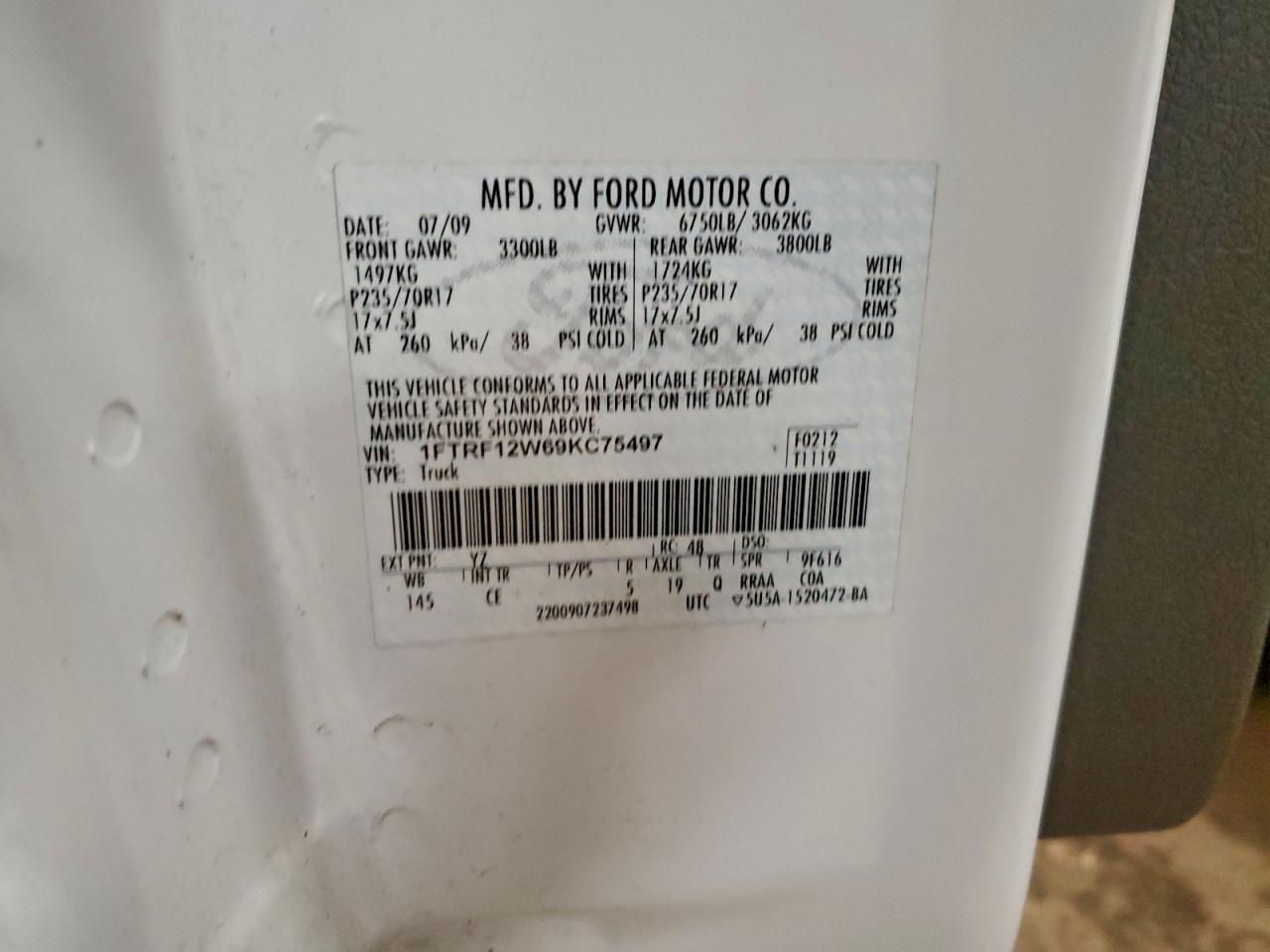 2009 Ford F150 VIN: 1FTRF12W69KC75497 Lot: 94684735
