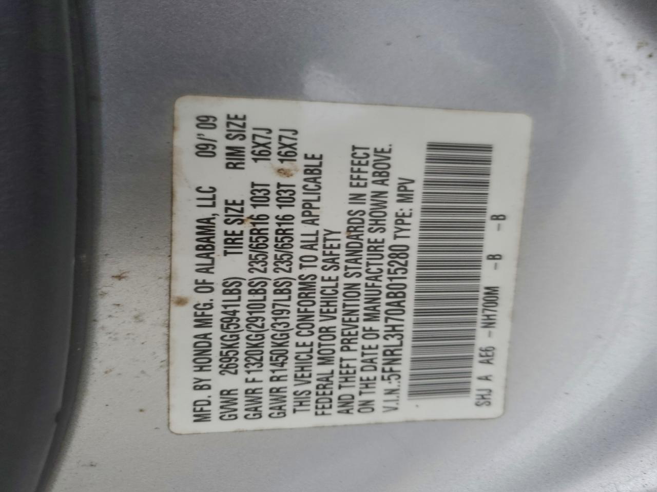 2010 Honda Odyssey Exl VIN: 5FNRL3H70AB015280 Lot: 93932085