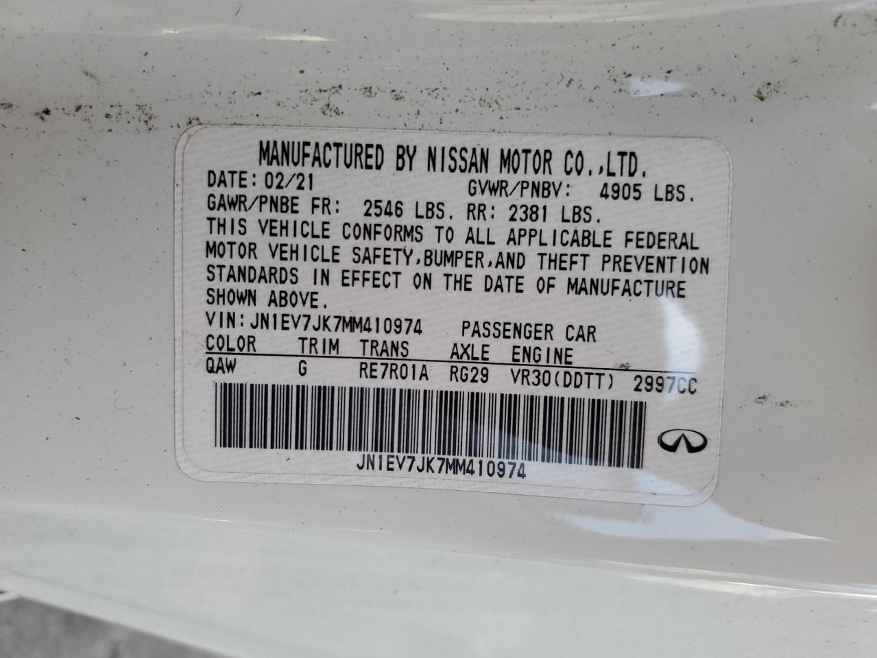 2021 Infiniti Q60 Pure VIN: JN1EV7JK7MM410974 Lot: 91941145