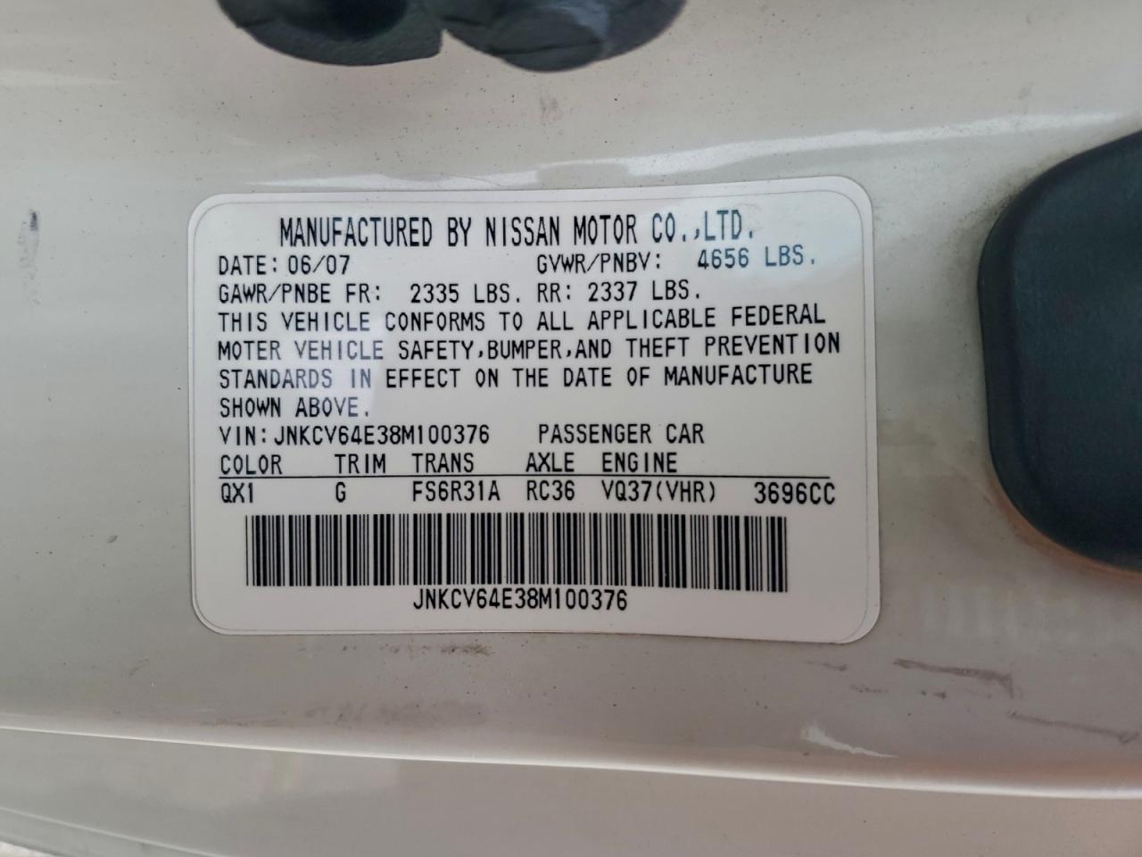 2008 Infiniti G37 Base VIN: JNKCV64E38M100376 Lot: 94058075