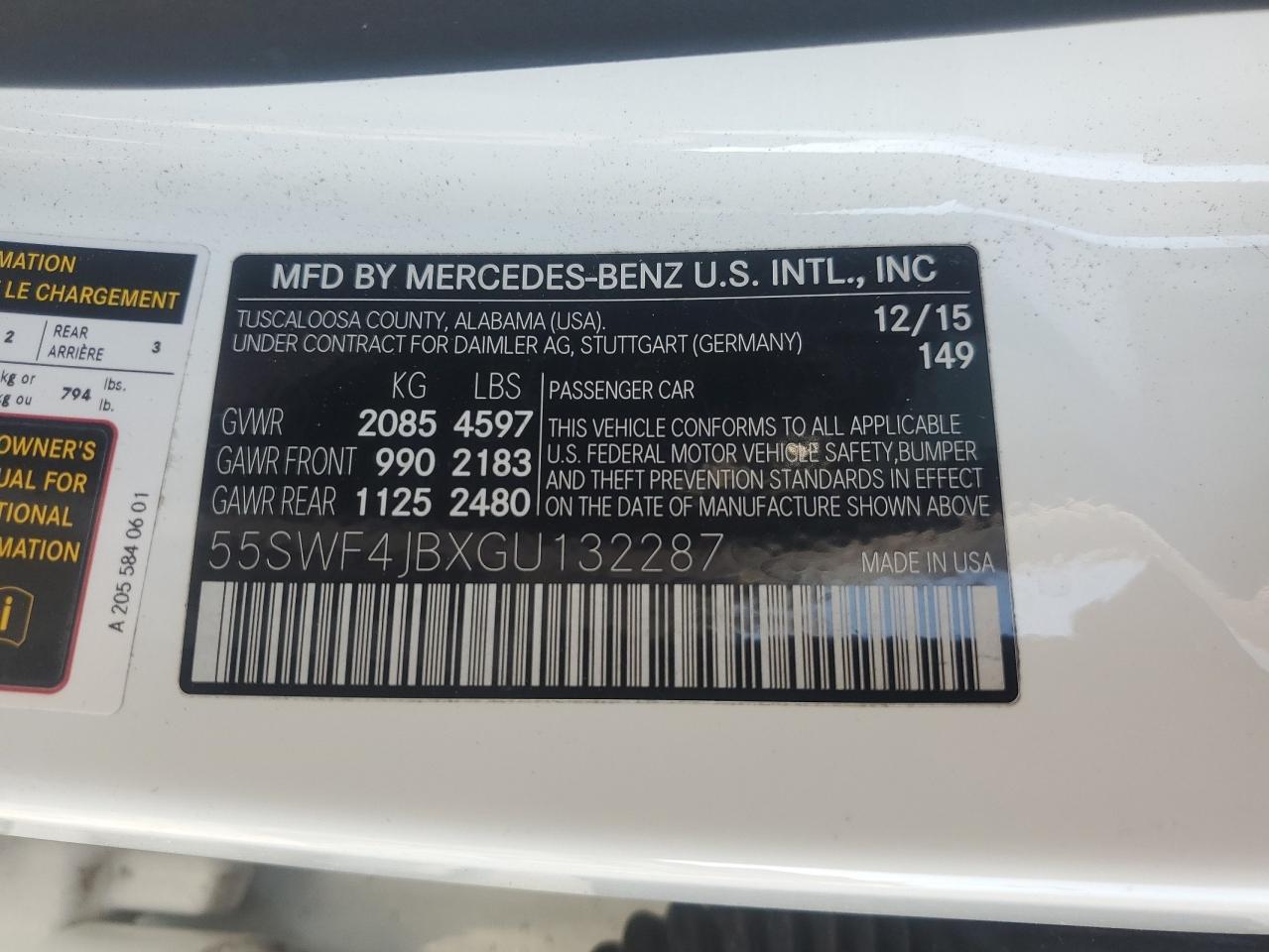 2016 Mercedes-Benz C 300 VIN: 55SWF4JBXGU132287 Lot: 92757275