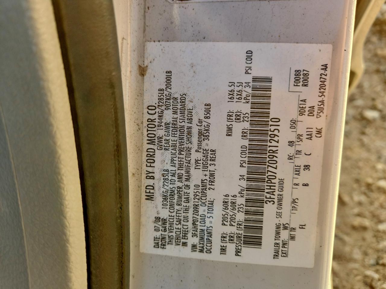 2009 Ford Fusion Se VIN: 3FAHP07Z09R129510 Lot: 93902285