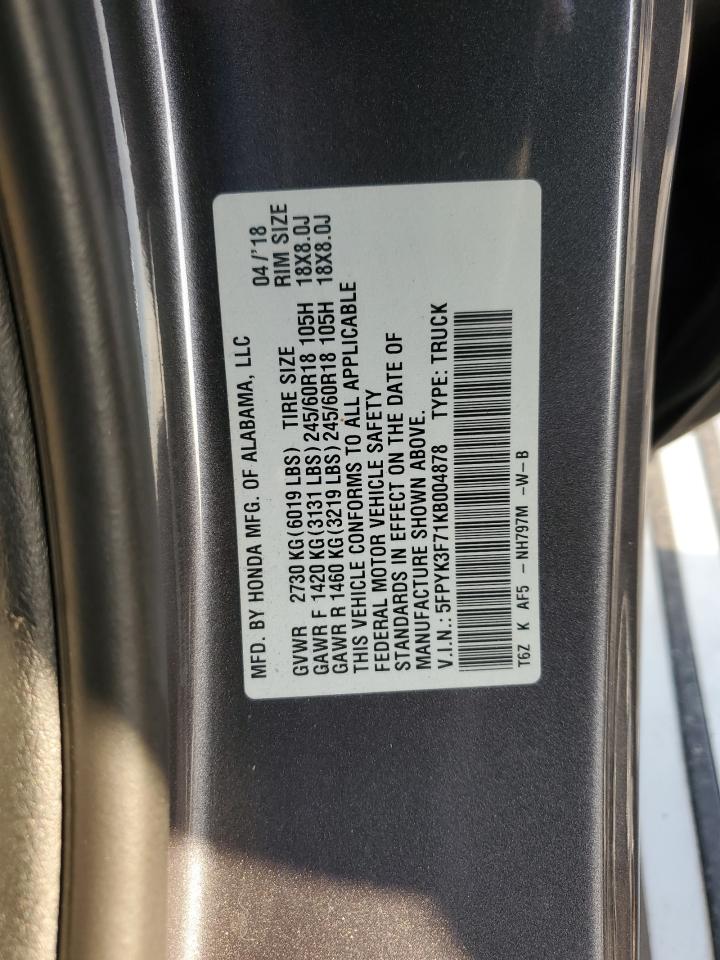 2019 Honda Ridgeline Rtl VIN: 5FPYK3F71KB004878 Lot: 92186255